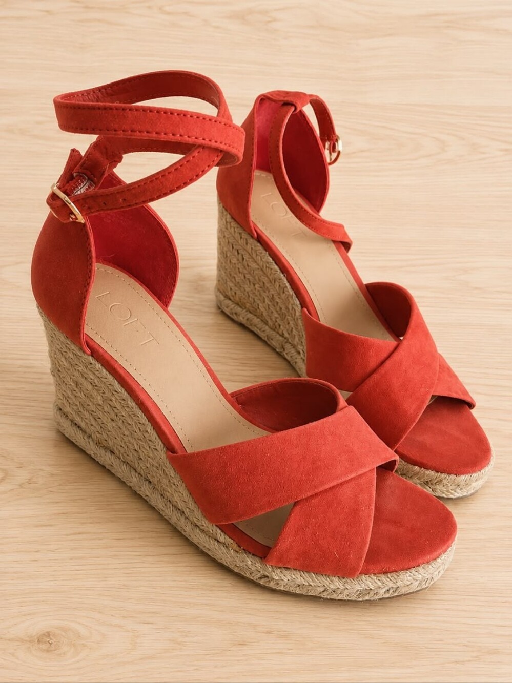 LOFT Rubied Red Suede Espadrille Wedge Sandals with Ankle Strap